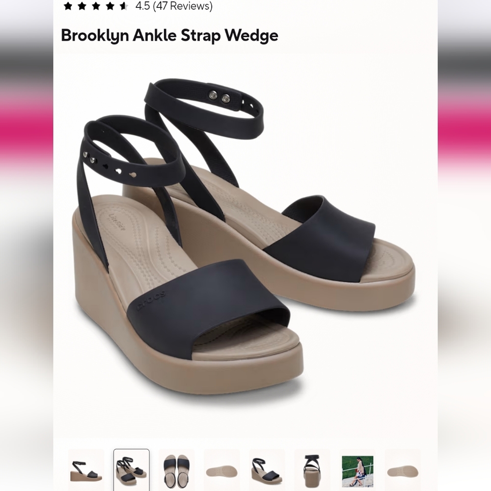 CROCS Black and Tan Wedge Sandals with Ankle Strap